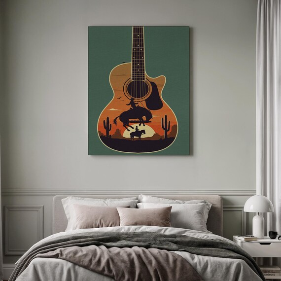 Acoustic Guitar with Cowboy Rodeo Sunset Scene Western Music Art Poster