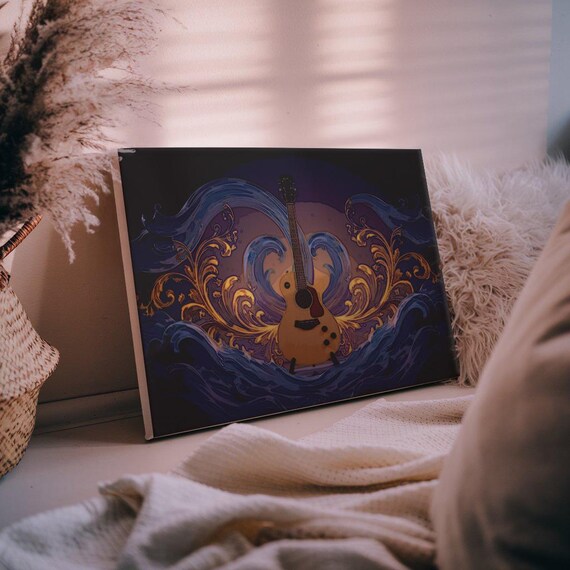 Acoustic Guitar Golden Flourish Waves Whimsical Music Art Poster