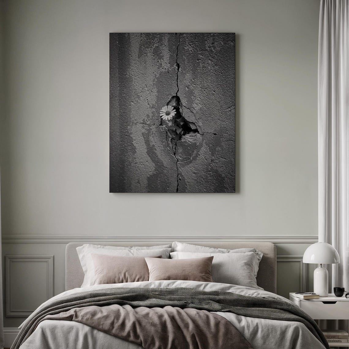 White Daisy Growing Through Cracked Concrete Black White Poster