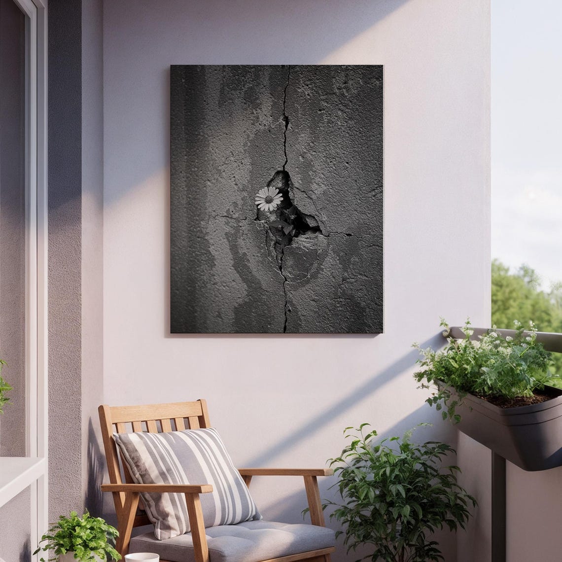 White Daisy Growing Through Cracked Concrete Black White Poster - Image 2