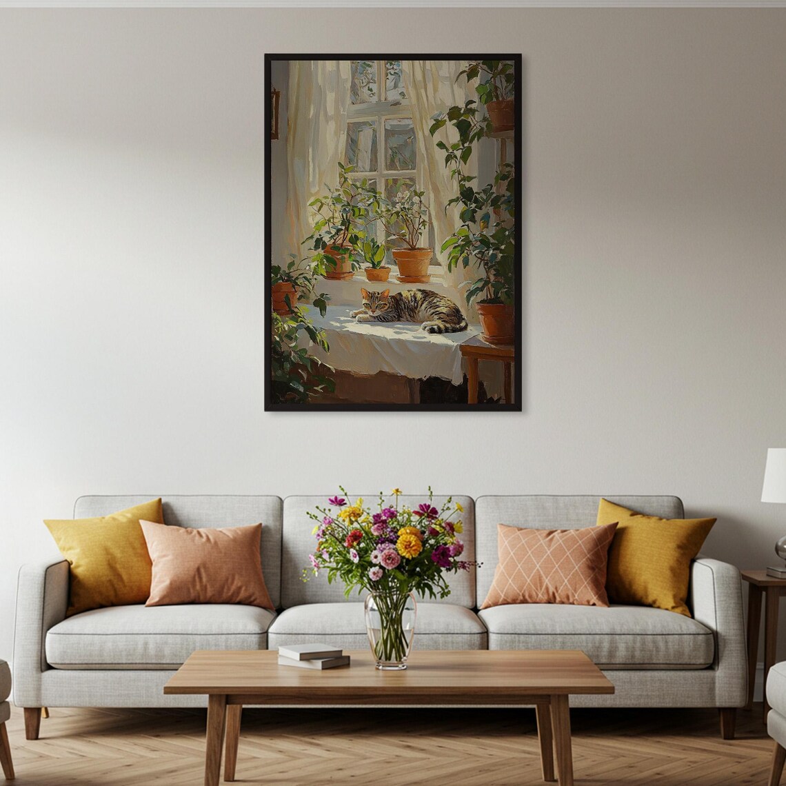 Sleeping Tabby Cat on Sunny Windowsill Poster Cozy Oil Painting Cat Lover Art - Image 2