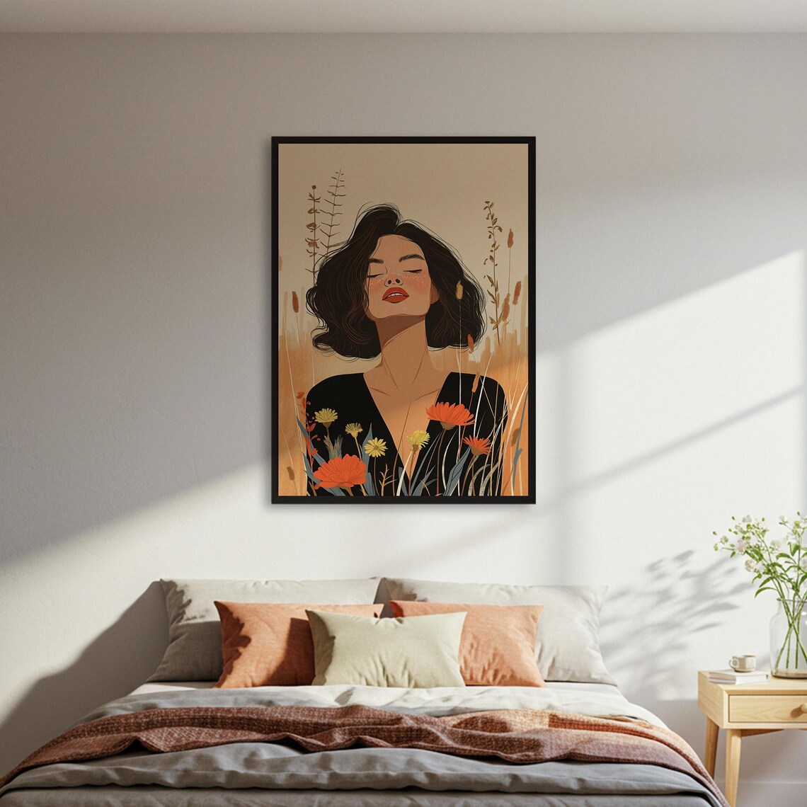 Woman In Flower Field, Boho Nature Art Print