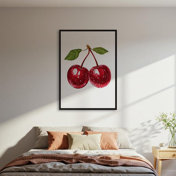 Cherry Fruit Poster Red Wall Art Print Kitchen Decor Modern Illustration Foodie Gift Framed For Home