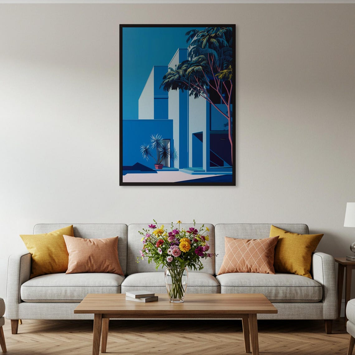 Blue Modern Architecture Building Palm Trees Minimalist Poster - Image 2