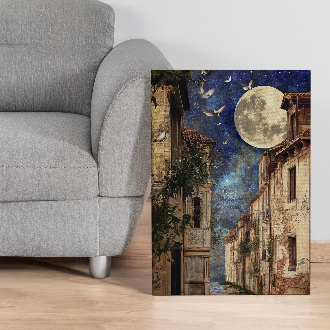 Moonlit Old Town Night Sky Full Moon Birds Canal Street Art Poster