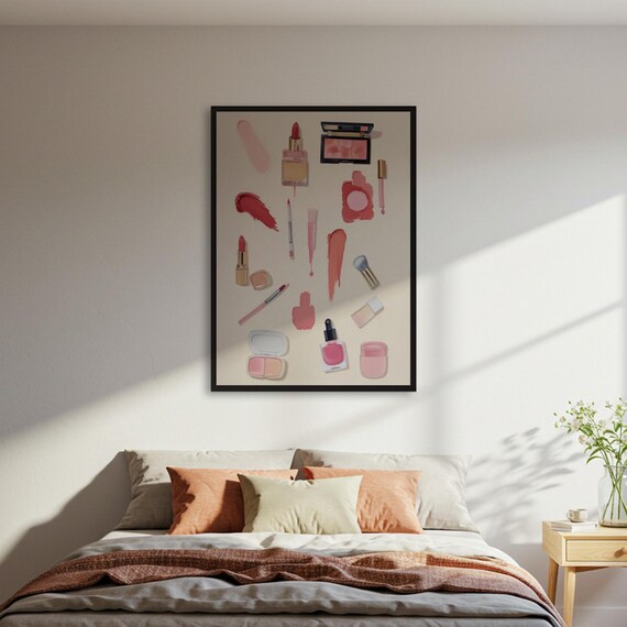 Makeup Flat Lay Pink Cosmetics Beauty Vanity Room Decor Poster