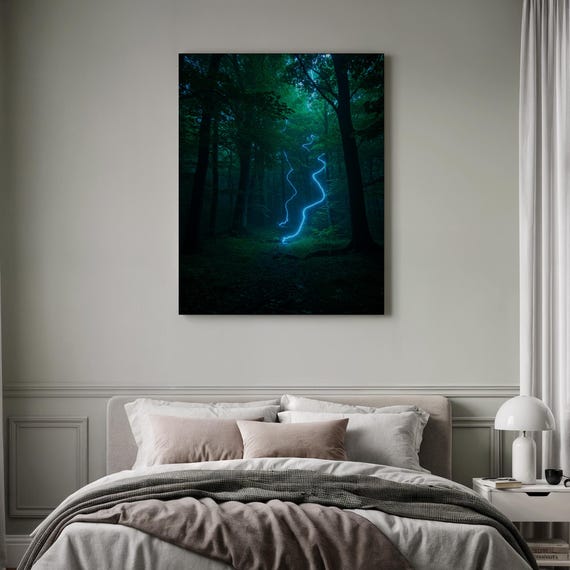 Framed Fantasy Forest Enchanted Woods Print Magical Light Canvas Surreal Nature Decor Blue Lightning Wall Art Mysterious Themed Gift