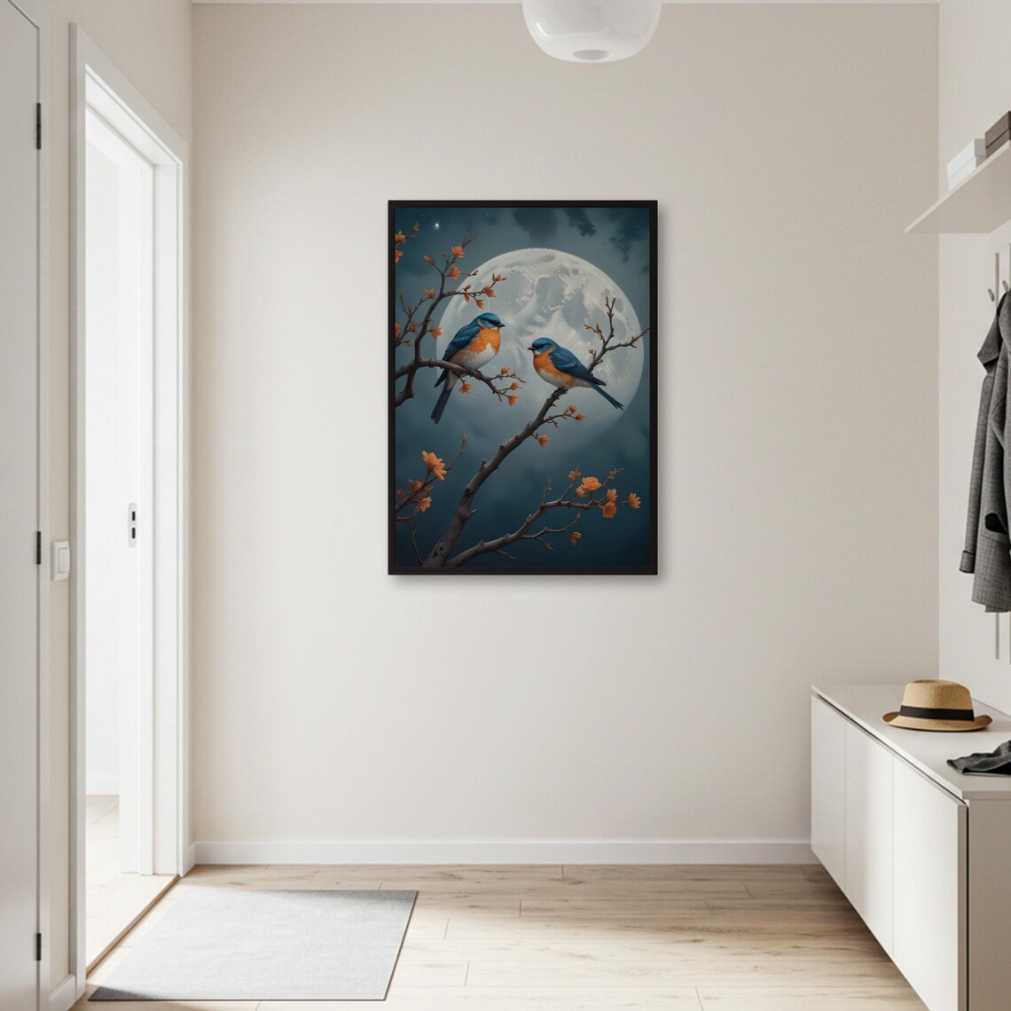 Birds on Branch, Full Moon Nature Wall Art - Image 2