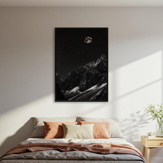 Moon And Mountains Poster Black White Landscape Art Print Night Sky Wall Nature Decor Framed Gift For Home