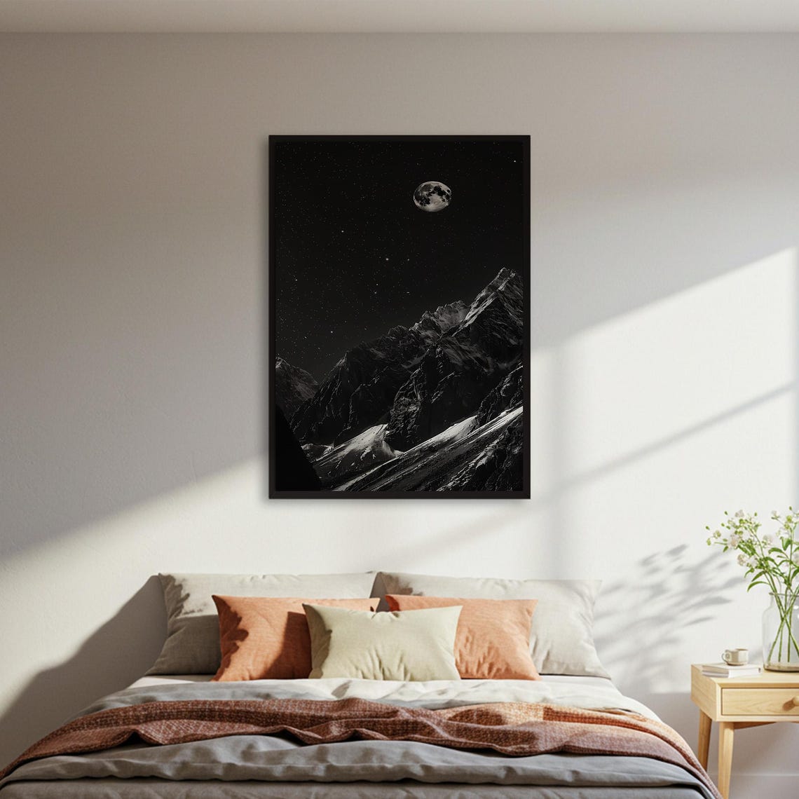 Moonlit Black White Mountain Peaks Starry Night Sky Art Poster