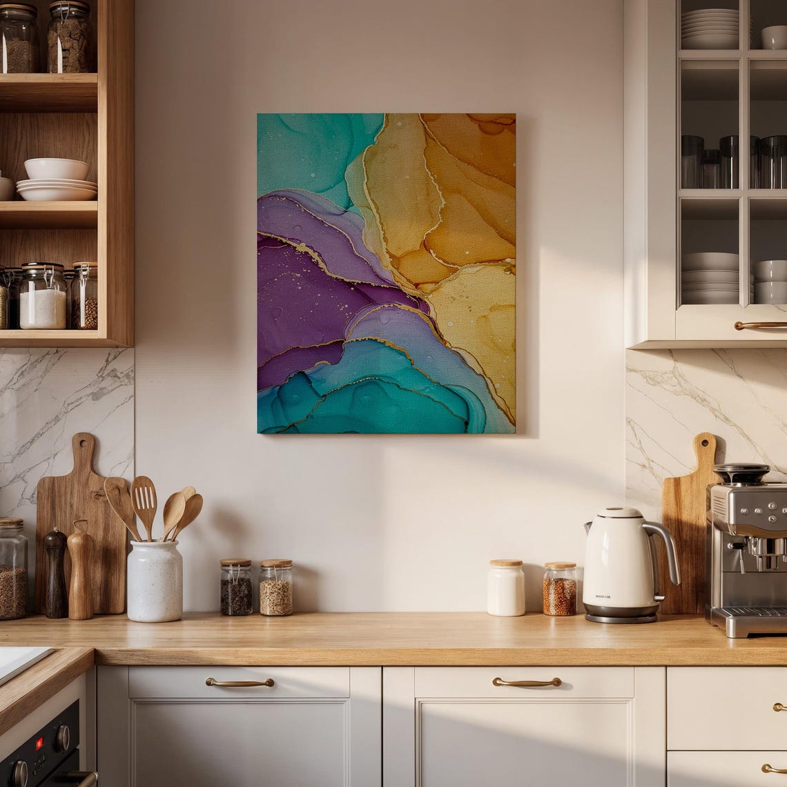 Purple Teal and Gold Alcohol Ink Modern Abstract Fluid Poster - Image 4