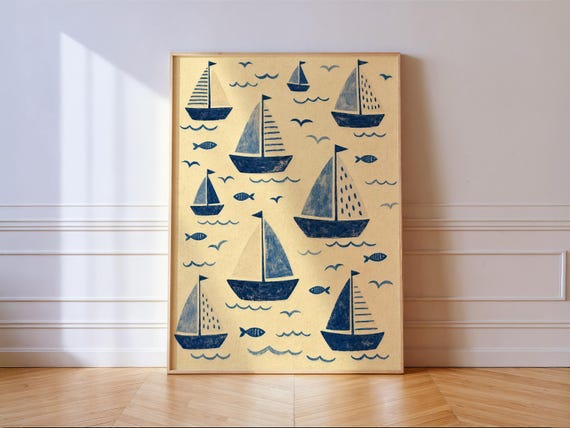 Sailboat Print Folk Nautical Nursery Wall Art Blue Boats Coastal Decor