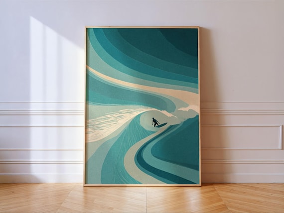 Stylized Teal Ocean Wave with Tiny Surfer Retro Surf Art Poster