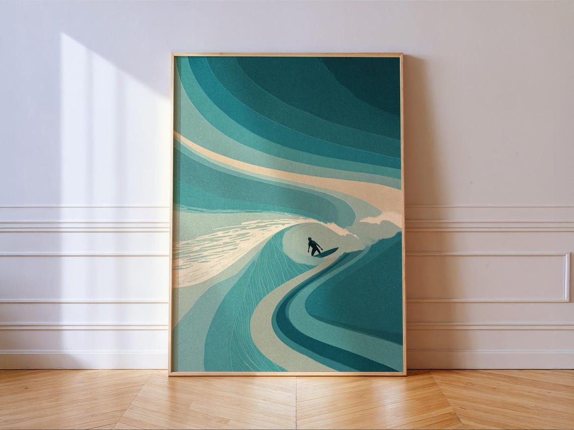 Stylized Teal Ocean Wave with Tiny Surfer Retro Surf Art Poster
