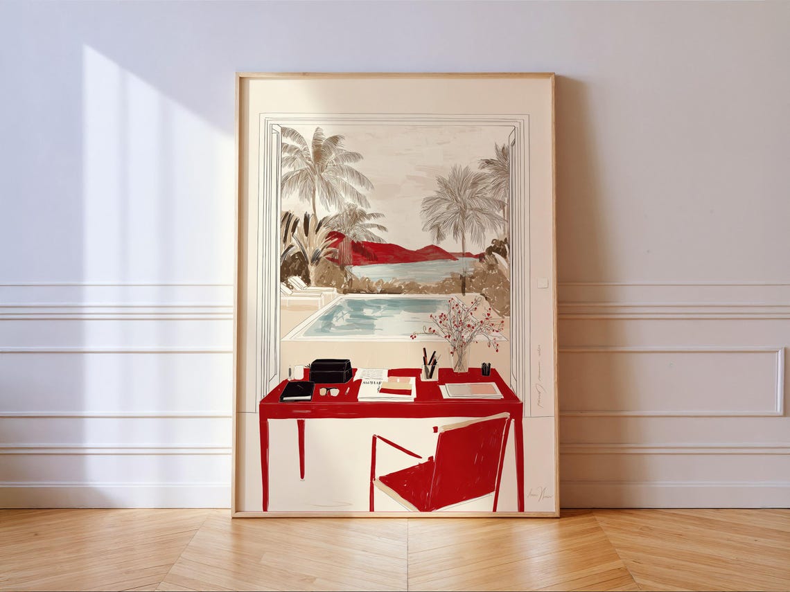 Tropical Poolside Red Desk Ocean View Fashion Illustration Poster