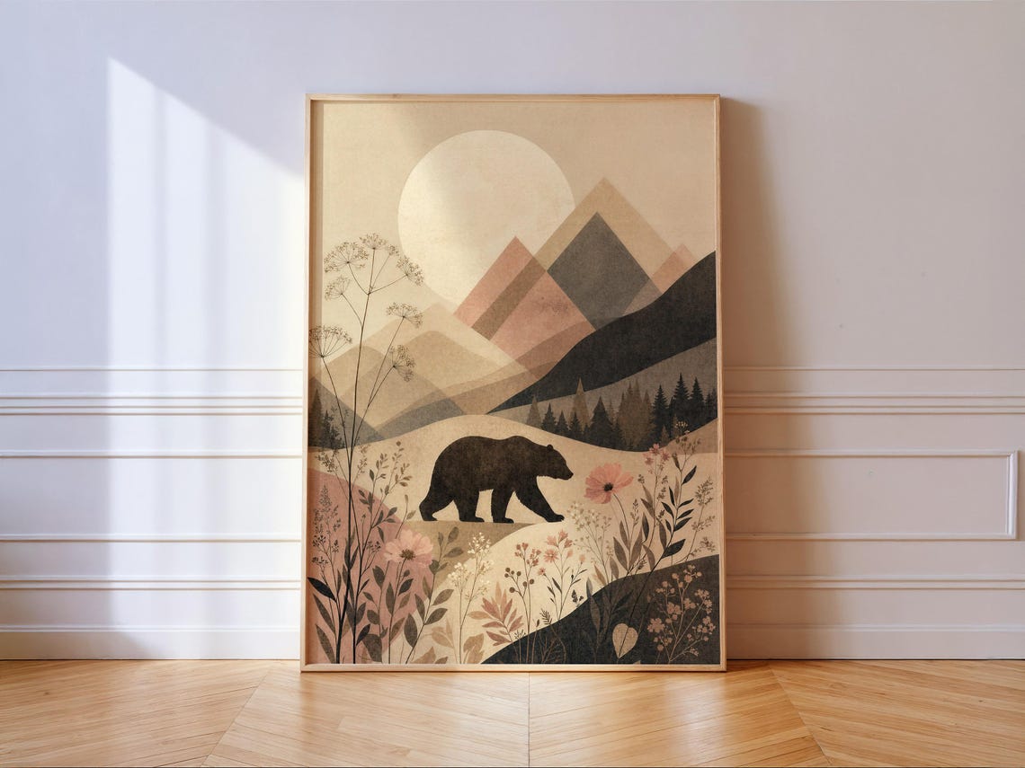 Bear Walking Through Wildflower Meadow Sunrise Mountain Poster