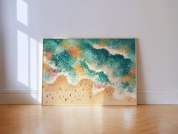 Aerial Beach Pointillist Colorful Ocean Waves Sand Art Poster