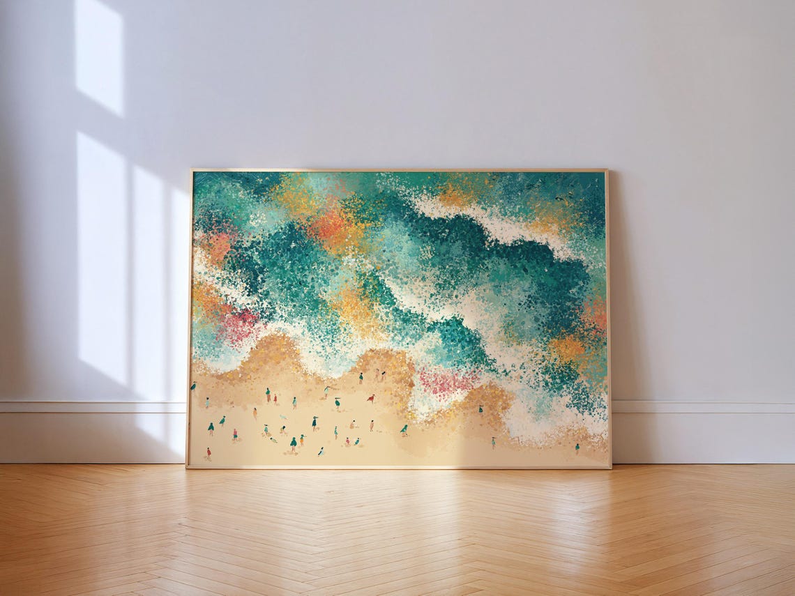 Beach Waves Pointillism Print Aerial Ocean Surf Swimmers Summer Art