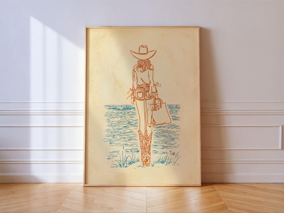 Coastal Cowgirl Art Print Beach Line Drawing Western Wall Poster