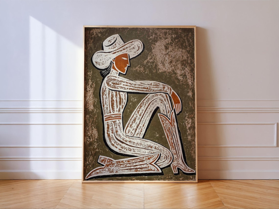 Cowgirl Linocut Art Print, Western Wall Decor