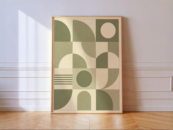 Sage Green Geometric Print Mid Century Bauhaus Abstract Wall Art Home Decor