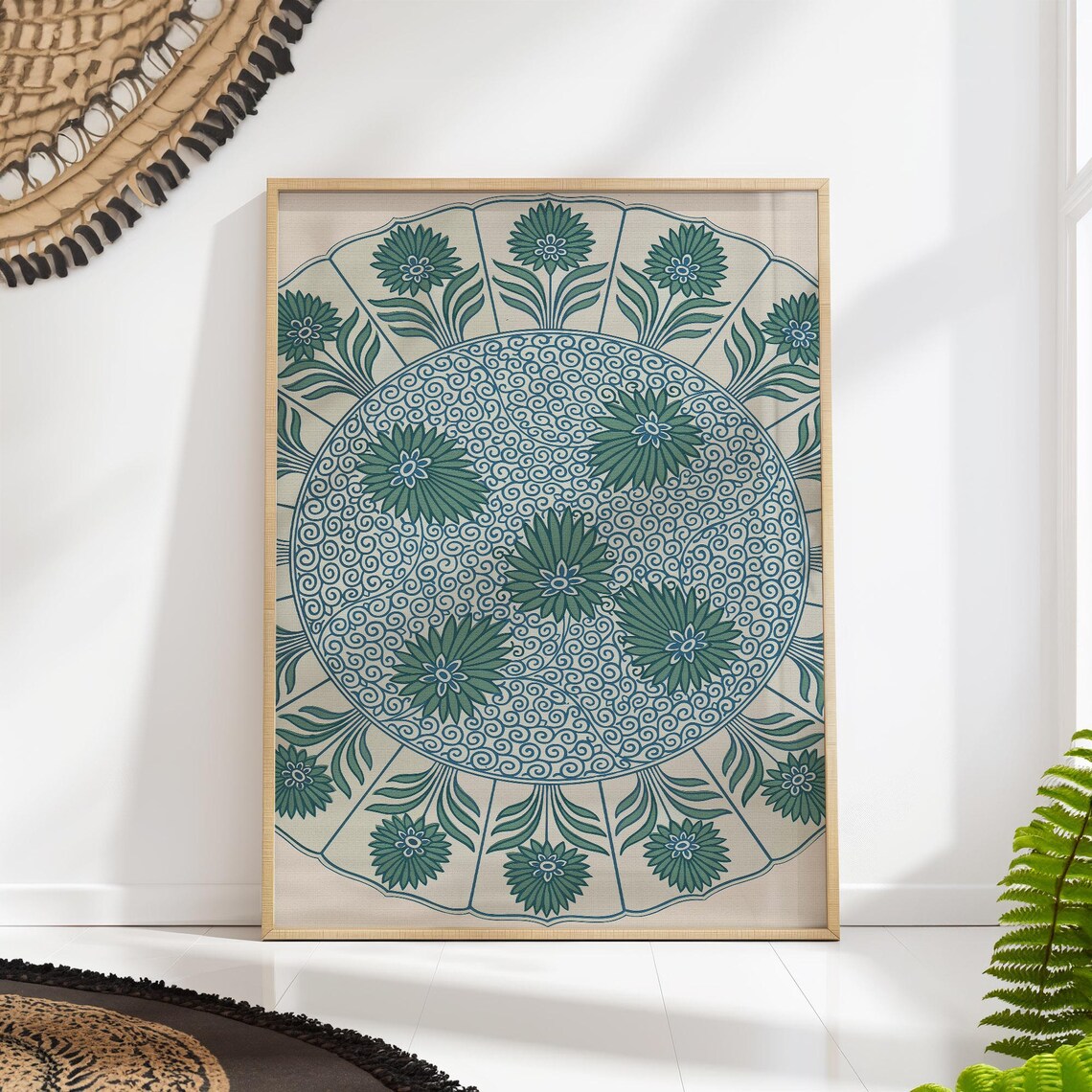 Teal Green Chinoiserie Plate Swirling Floral Medallion Pattern Wall Art