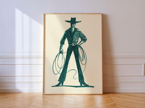 Western Cowboy With Lasso Teal Ink Sketch Minimalist Wall Art