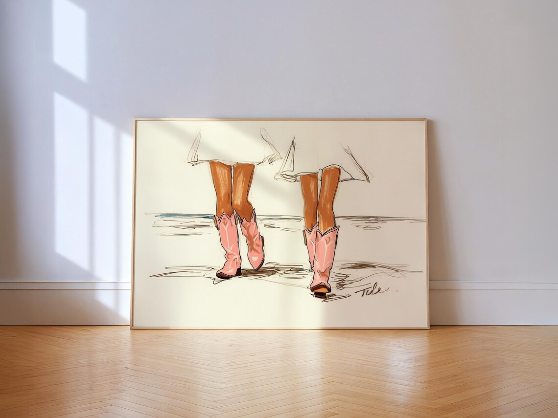 Pink Cowboy Boots On The Beach Western Coastal Sketch Art Poster
