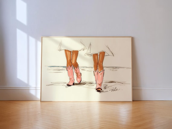 Pink Cowboy Boots On The Beach Western Coastal Sketch Art Poster