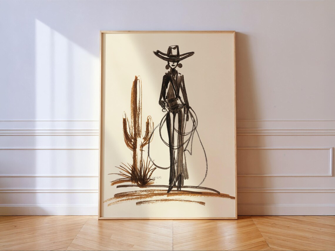 Cowgirl Desert Western Line Print, Cactus Poster