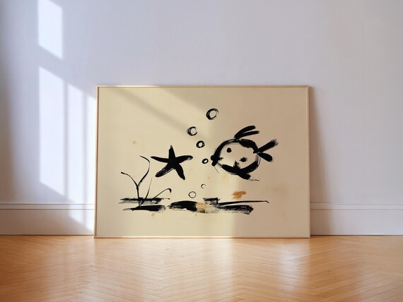 Zen Ink Fish And Starfish Print Minimalist Japandi Coastal Bathroom Wall Art