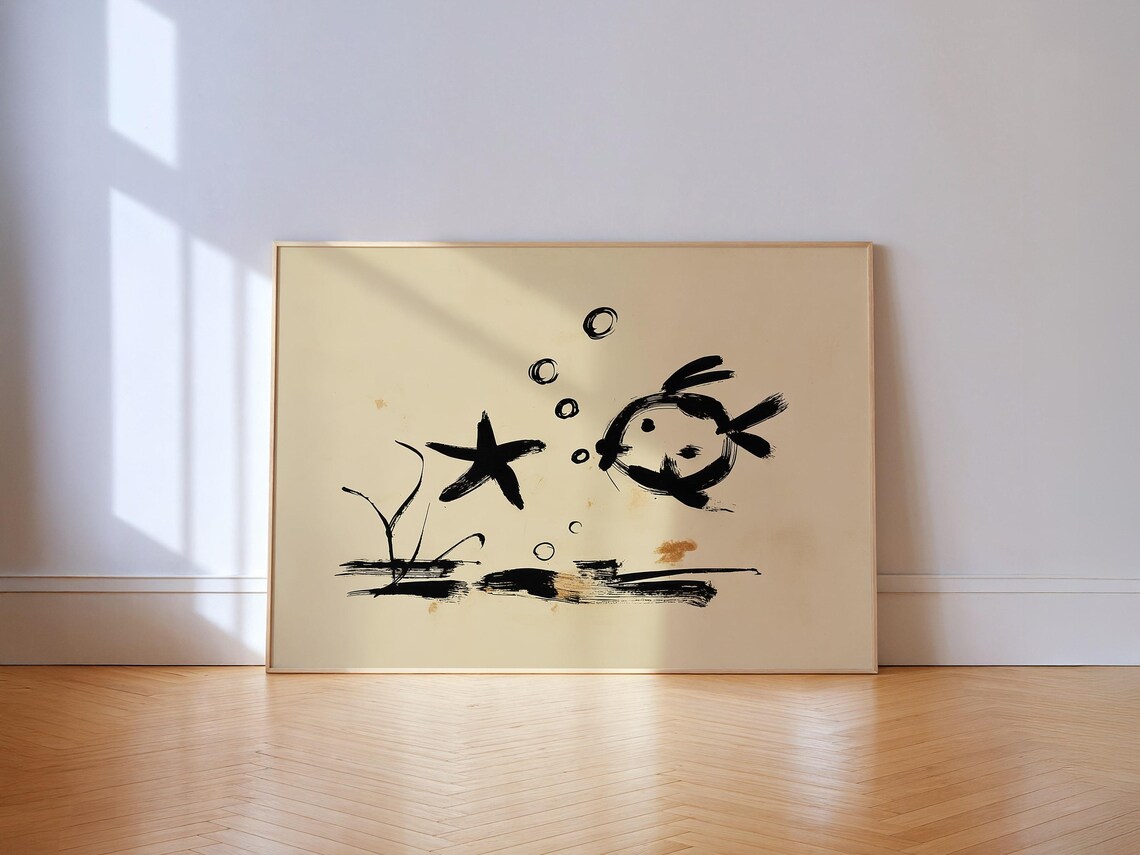 Zen Ink Fish And Starfish Minimalist Japandi Coastal Art Print