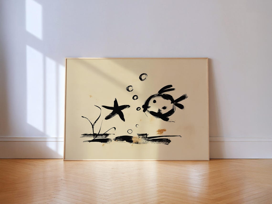 Zen Ink Fish And Starfish Print Minimalist Japandi Coastal Bathroom Wall Art