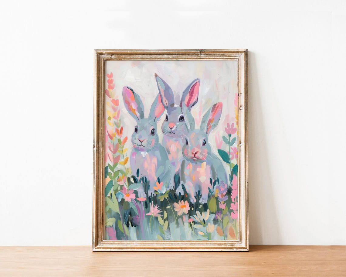 Three Grey Bunnies Pastel Flower Meadow Easter Spring Wall Art - Image 3