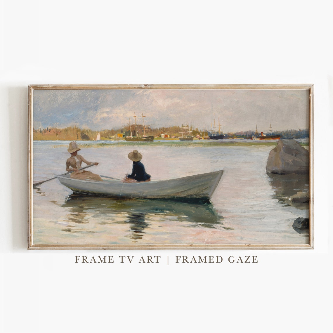 Vintage Rowboat At Dusk Two Women Sailing Scene Oil Painting Wall Art