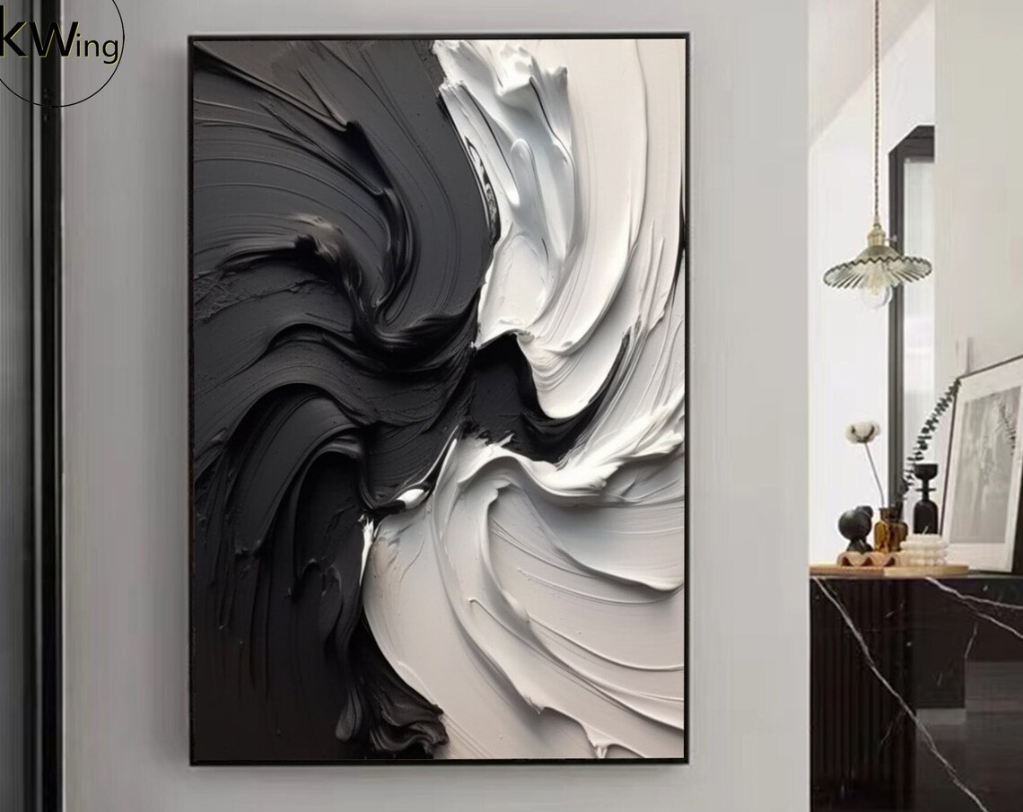 Black White Ribbon Waves Impasto Abstract Textured Flow Modern Poster