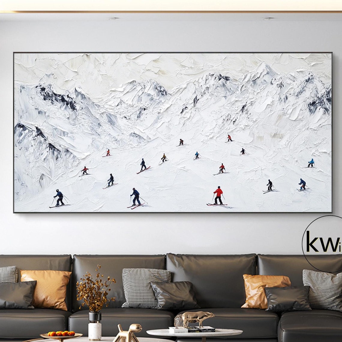 Original Ski Sport Painting On Winter Snowy Landscape Wall Art Modern Minimalist Painting White Skiers Art Living Room Wall Art Decor