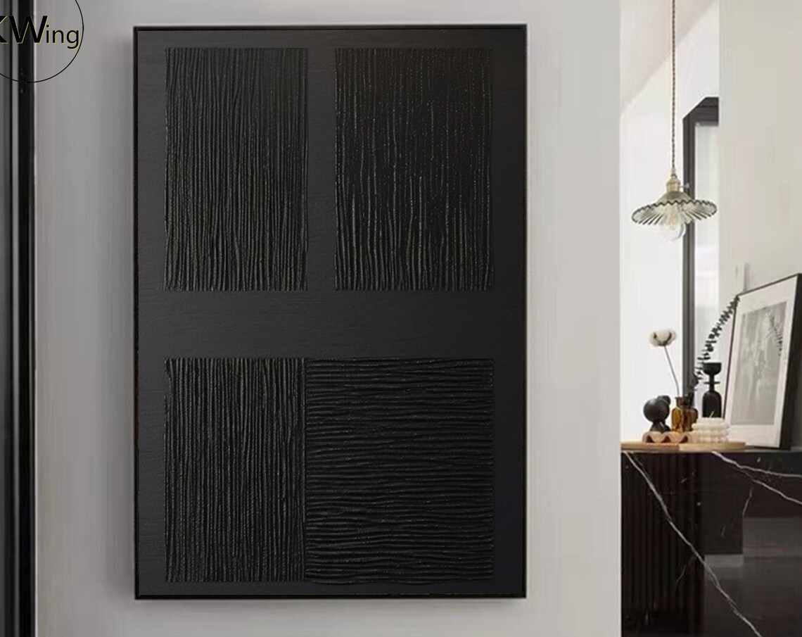 Black Wabi Sabi Four Panel Line Texture Abstract Painting Art Poster