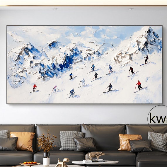 3d Ski Theme Palette Knife Oil Painting Blue And White Snowy Mountain Art Modern Minimalist Texture Ski Acrylic Painting Office Wall Art