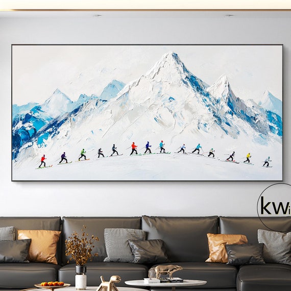 Original Blue White 3d Skiing Sport Art Painting On Abstract Snowy Mountain Landscape Painting Skiing Textured Wall Art Decor