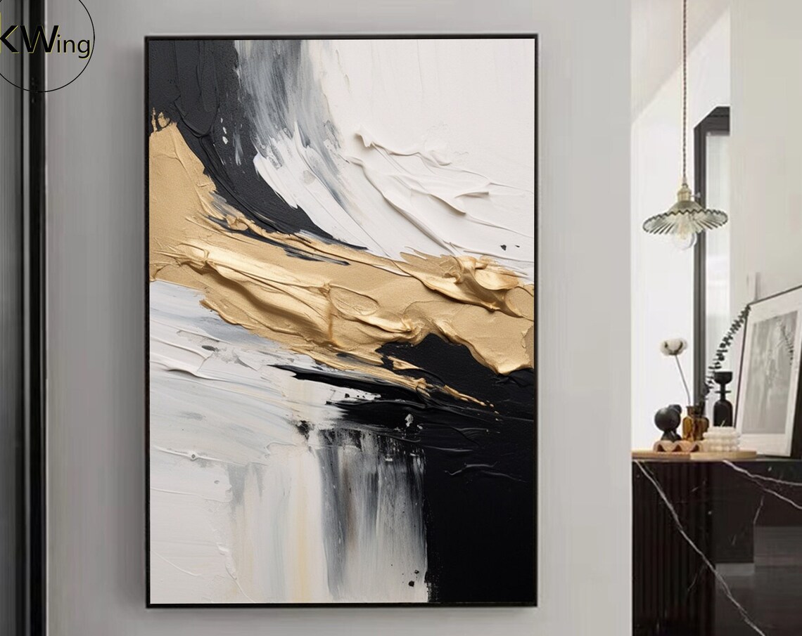 Black White Gold Abstract Texture Painting Ribbon 3D Art Wall Poster
