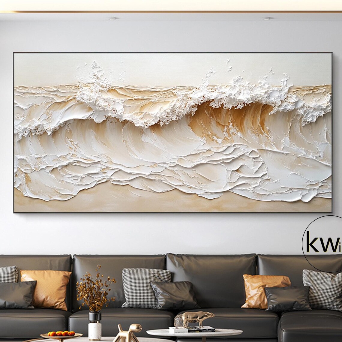 Beige Gold Crashing Ocean Wave 3D Texture Painting Wall Art Poster