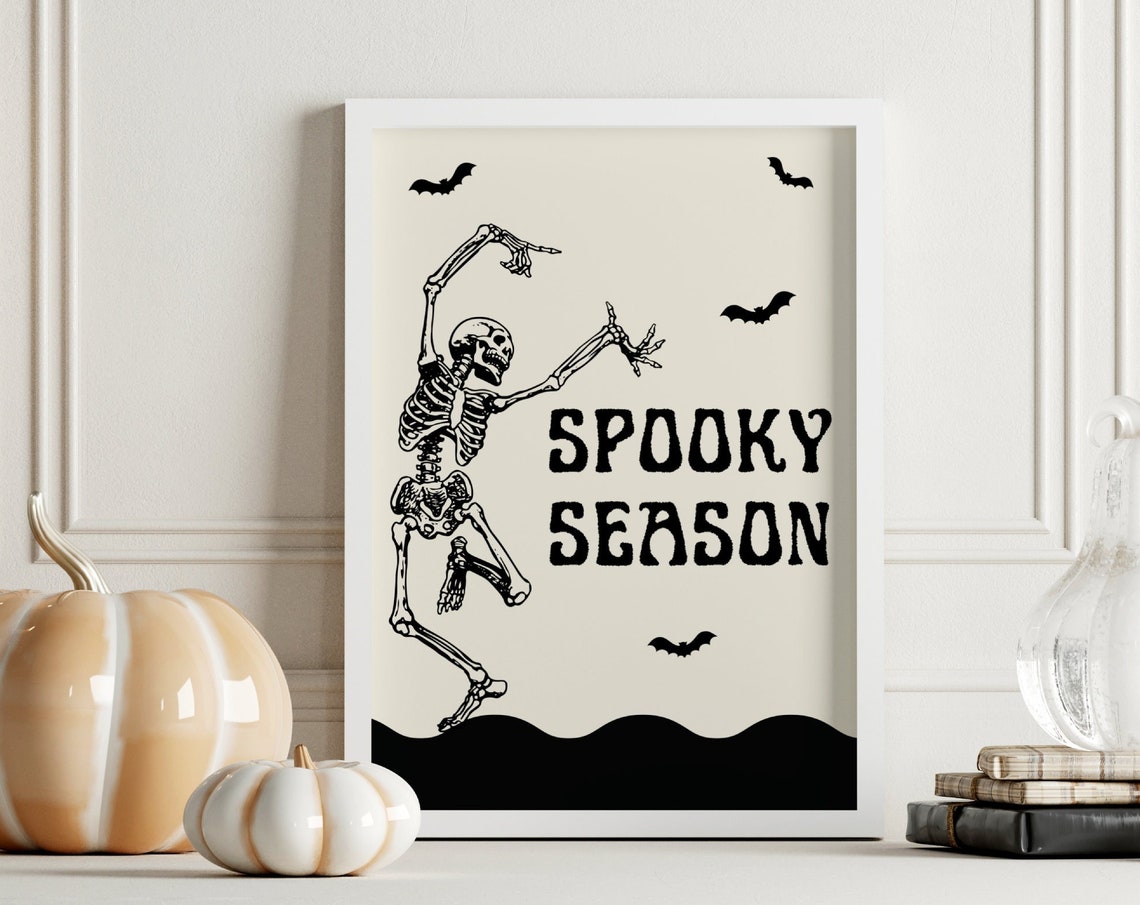 Spooky Season Dancing Skeleton Black Cream Retro Halloween Art Poster