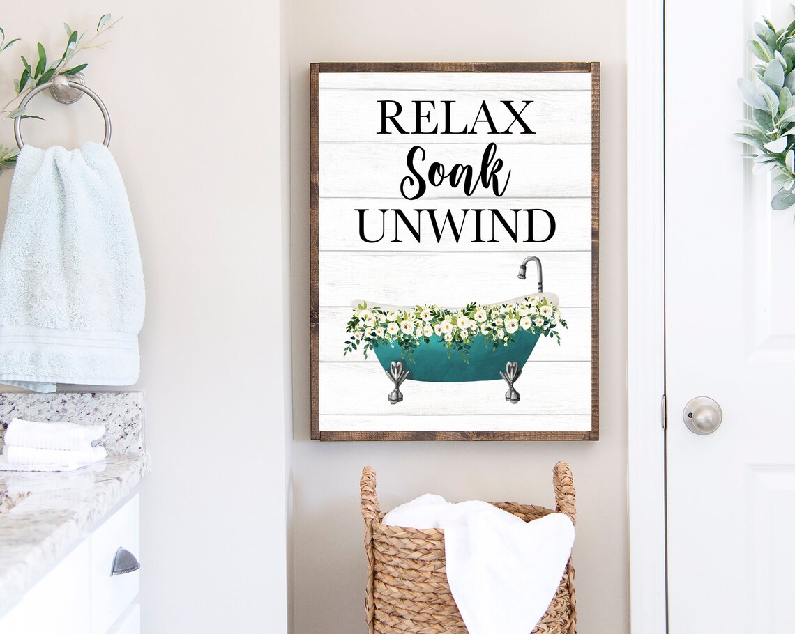 Relax Soak Unwind with Teal Bathtub Floral Calm Spa Wall Poster