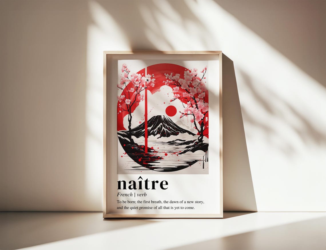 Naître French Word Art Mount Fuji Cherry Blossom Red Sun Poster