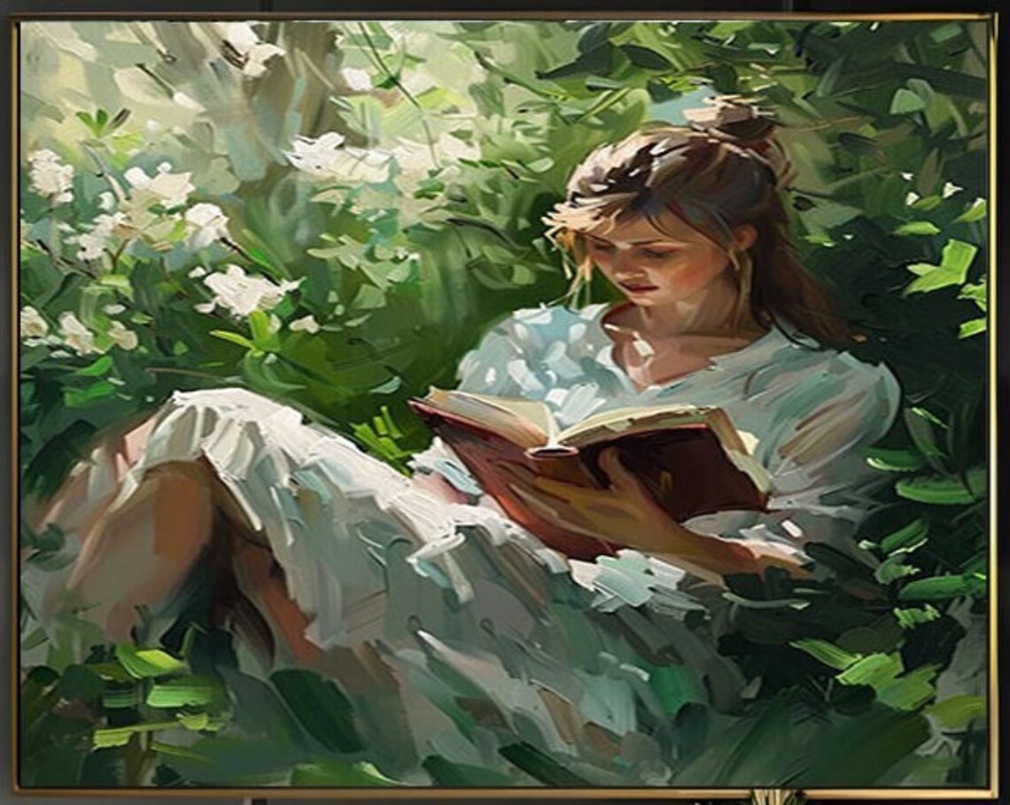 Woman Reading Among White Blossoms Vintage Oil Painting Poster