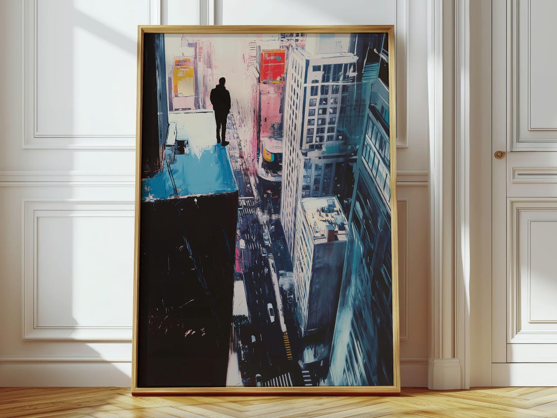 Moody Cityscape Print Man On Building Edge Urban Wall Art