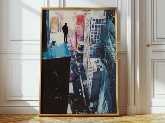 Moody Cityscape Print Man On Building Edge Urban Wall Art