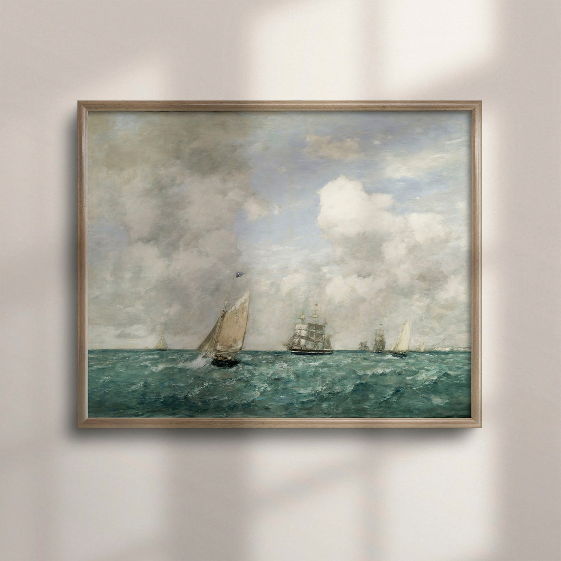 Sailing Ships on a Teal Ocean Under Cloudy Sky Vintage Poster
