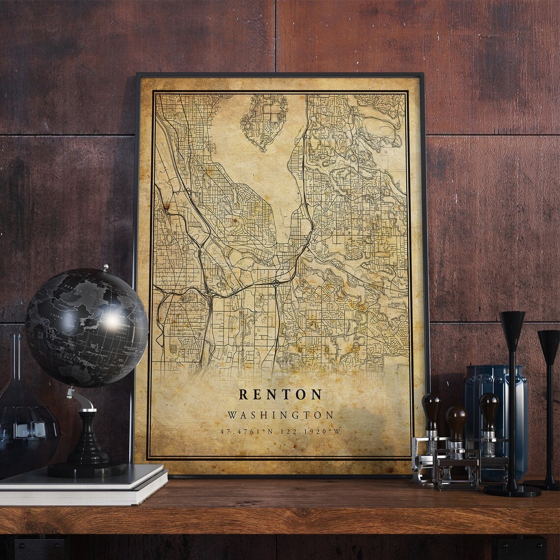 Renton Vintage Map Poster, Antique Rustic Travel Poster